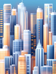 Obraz premium A cityscape with tall buildings and a bright orange sky. The buildings are lit up at night, creating a warm and inviting atmosphere. The city appears to be bustling with activity