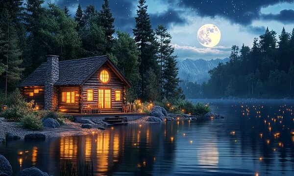 Cozy lakeside cabin illuminated at night with a full moon and glowing fireflies in the background