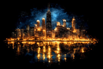 Naklejka premium A city skyline with a large building in the middle. The city is lit up at night