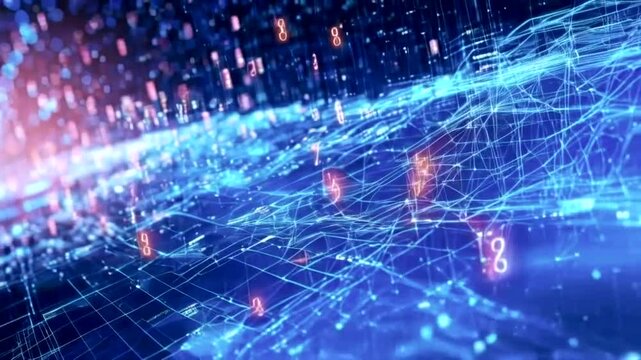 Futuristic digital landscape with data streams and security icons