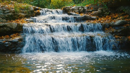 Fototapeta premium Cascading waterfall in autumn forest.