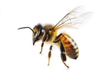 golden honeybee in flight wings spread majestically against pure white backdrop