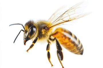 golden honeybee in flight wings spread majestically against pure white backdrop