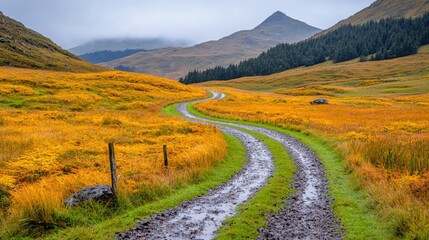Naklejka premium Winding road through autumnal highlands