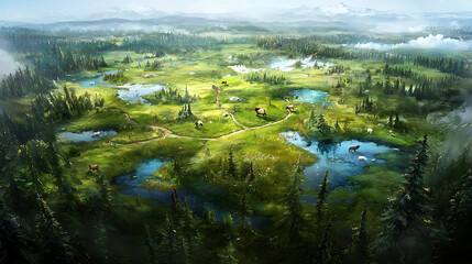 Fototapeta premium Aerial view of serene national park with lush greenery, water bodies, and grazing animals. landscape is tranquil and picturesque