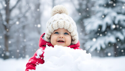 Cute Baby Enjoying First Snow in Winter Time, isometry. isolated with white shades