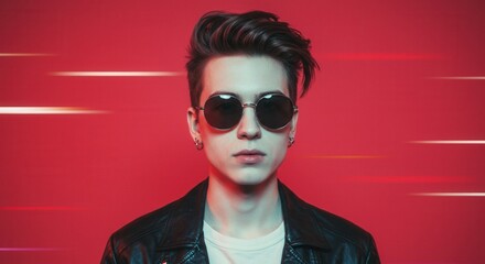 Stylish Young Man in Leather Jacket and Sunglasses on Vibrant Red Background Photograph - Perfect for Fashion and Lifestyle Concepts