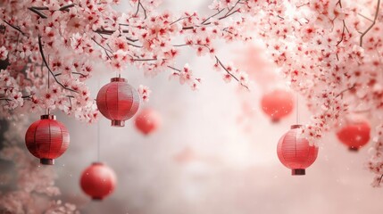 Obraz premium A serene scene featuring cherry blossom trees and red lanterns