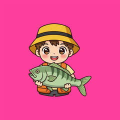 Cute Boy Holding Big Fish Cartoon Illustration