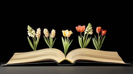 Colorful spring flowers blooming from open book black background