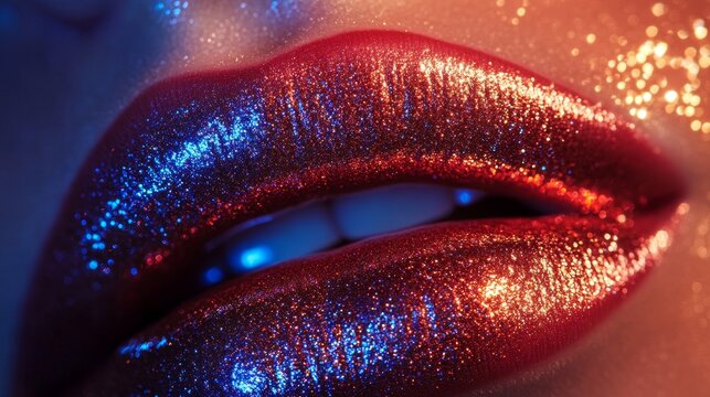 Parted lips with metallic, glittery lipstick close up