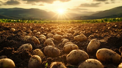Fototapeta premium Harvesting potatoes at sunset in fertile fields nature photography