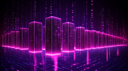 A dynamic digital cityscape teeming with vibrant lights, symbolizing progress, technology, and the future. A modern, abstract representation of innovation amidst a chaotic yet evolving urban environme