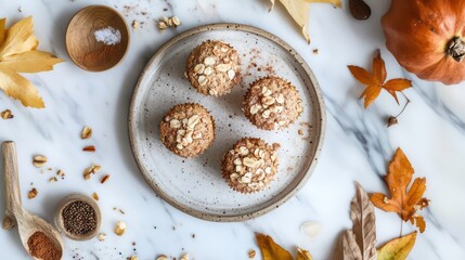 Four autumnal pumpkin muffins on a plate, surrounded by fall leaves, nuts, and spices.