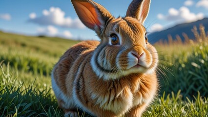 a high-resolution image of a rabbit standing in a grassy field with a blurred blue sky background, capturing the rabbit's detailed fur texture and expressive eyes