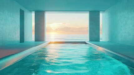 Obraz premium Indoor infinity pool with ocean sunset view.