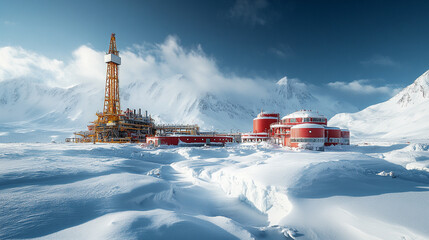 A vast oil drilling site in the Arctic, surrounded by snow, symbolizing modern industrial progress, environmental impact, and the struggle between nature and technology in extreme conditions