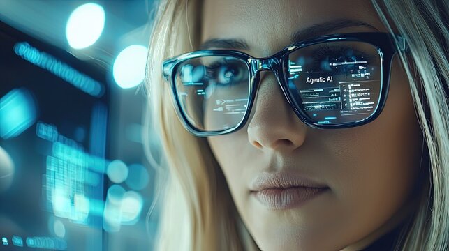 Businesswoman Analyzing Data with Agentic AI Assistant in Glasses