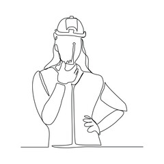 Continuous single line sketch drawing of architect engineer constructor building talking with walkie talkie radio control receiver. One line art of occupation professional work vector illustration