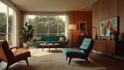Retro 1960s interior design poster with iconic mid-century furniture and decor