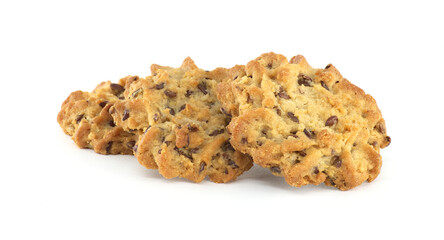 Freshly baked chocolate chip cookies, golden and delicious, set against a pristine white background.