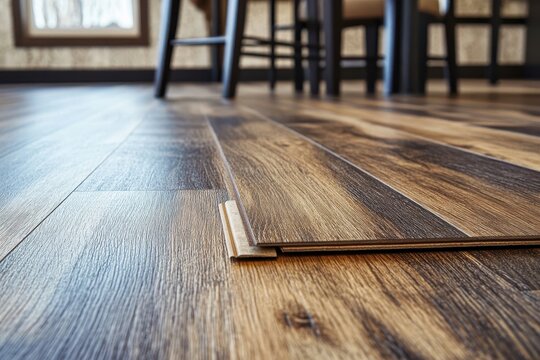 Close-up of dark brown wood laminate flooring. Ideal for home improvement, interior design, and flooring websites.