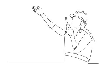 Continuous single line sketch drawing of architect engineer constructor building talking with walkie talkie radio control receiver. One line art of occupation professional work vector illustration
