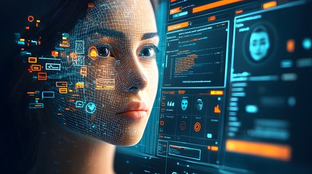 Transparent holographic KYC approval dashboard with biometric facial scanning for secure digital identification and verification  The interface showcases advanced data analytics