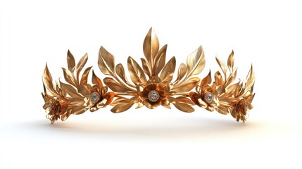 Gold leaf and diamond tiara crown isolated on white background.