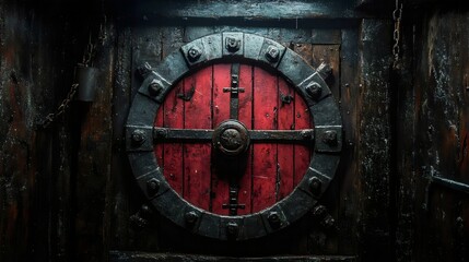 Fototapeta premium A red and black wooden circle with a cross on it