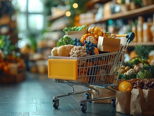 Grocery cart filled with produce in store with blurred background