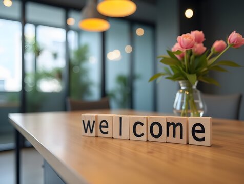 A 'welcome' sign on a desk symbolizes a friendly onboarding process in a modern office