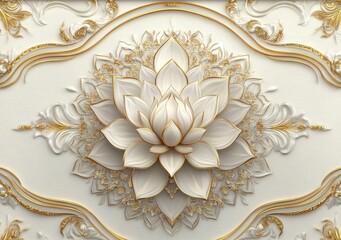 3D wallpaper stretch ceiling decoration design with a mandala and decorative frame, on a cream background