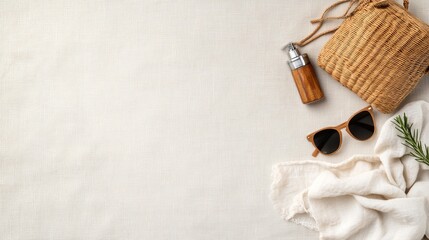 Flatlay summer essentials sunglasses, sunscreen, bag, and linen cloth on neutral background; ideal for travel blog or summer promotion