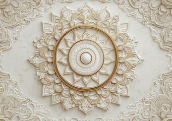 3D wallpaper with a stretched ceiling, featuring a white and golden mandala pattern within a frame background, and a decorative border with copy space for text