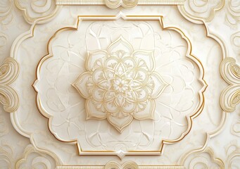 3D wallpaper with a stretched ceiling, featuring a white and golden mandala pattern within a frame background, and a decorative border with copy space for text