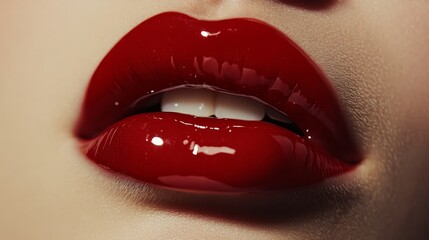 Glossy red lips close-up