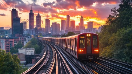 Naklejka premium City skyline sunset with elevated train.