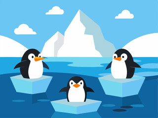Vector Penguins on an ice floe. Cheerful penguins swim on an ice floe.