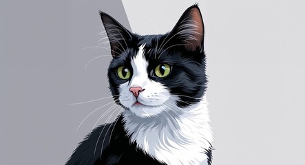 Portrait black and white tuxedo cat curious on plain white background illustration