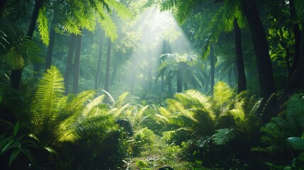 Sunbeams illuminate lush green rainforest path.