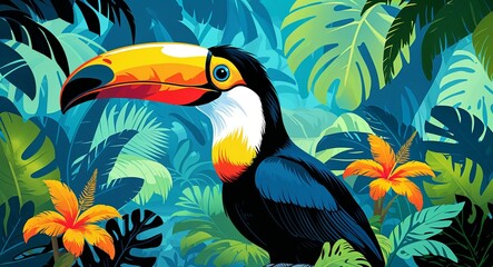 Fototapeta premium Portrait colorful toucan on tropical rainforest background illustration