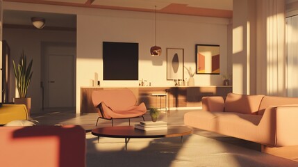 Sunlit Interior: Modern Living Room with Peach Furnishings and Minimalist Decor