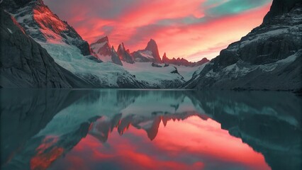 Obraz premium 3D render of a fantasy landscape panorama featuring rugged rocks and tranquil water, Abstract background with red sunset illumination. Spiritual zen wallpaper with skyline 