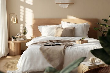 there is a bed with a white comforter and a brown blanket