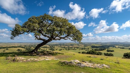 Lone tree on hilltop, scenic valley view, sunny day, pastoral landscape, nature photography
