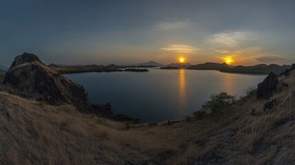 Fototapeta premium Panoramic view of majestic Padar Island during magnificent sunset. - ai