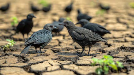 Obraz premium A group of black birds walks on dry, cracked ground, representing drought, environmental change, and adaptation to harsh conditions.