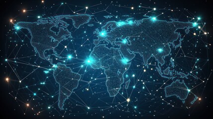Fototapeta premium Global network connection, world map with glowing nodes.