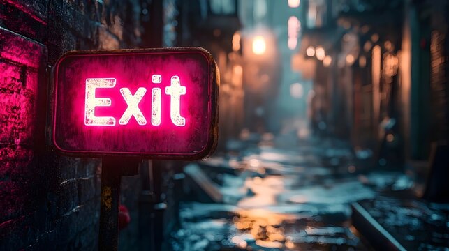 A neon sign with the word exit in red letters